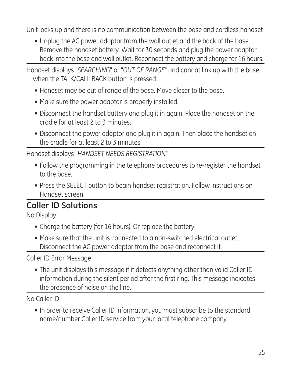 Caller id solutions | GE 00008005 User Manual | Page 55 / 62