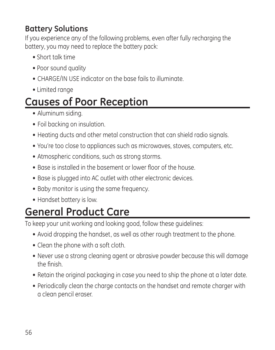 Causes of poor reception, General product care | GE 00008005 User Manual | Page 56 / 62