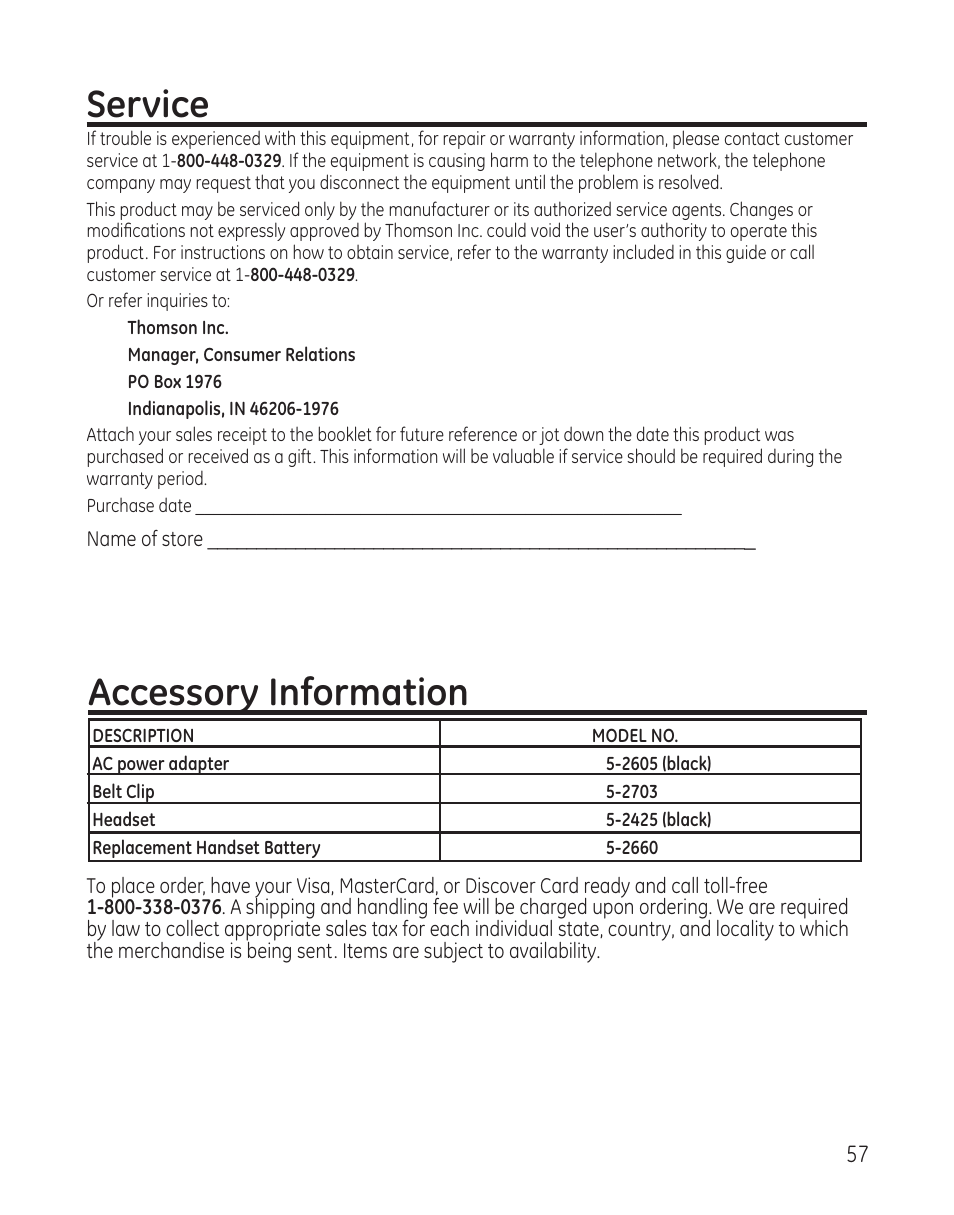 Service, Accessory information | GE 00008005 User Manual | Page 57 / 62