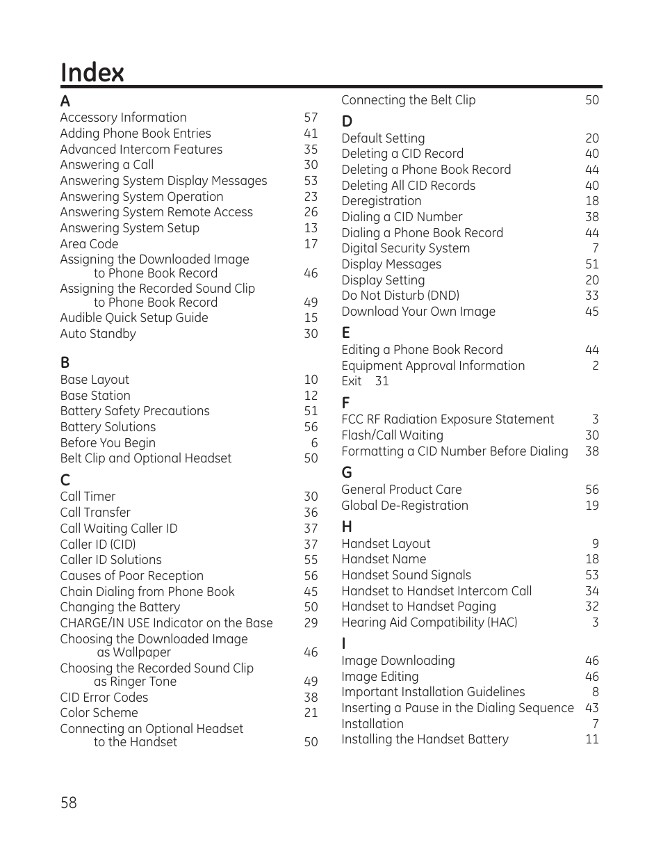 Index | GE 00008005 User Manual | Page 58 / 62