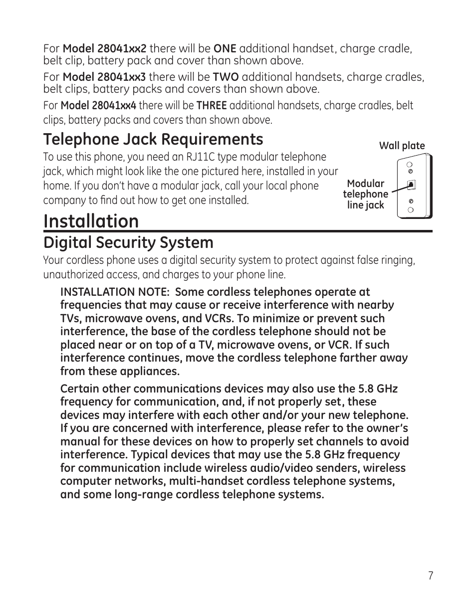 Installation, Telephone jack requirements, Digital security system | GE 00008005 User Manual | Page 7 / 62