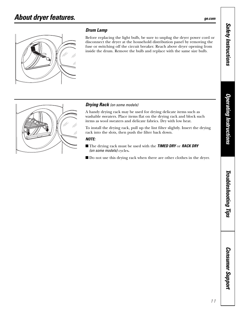 Dryer features, About dryer features | GE DBVH512 User Manual | Page 11 / 24
