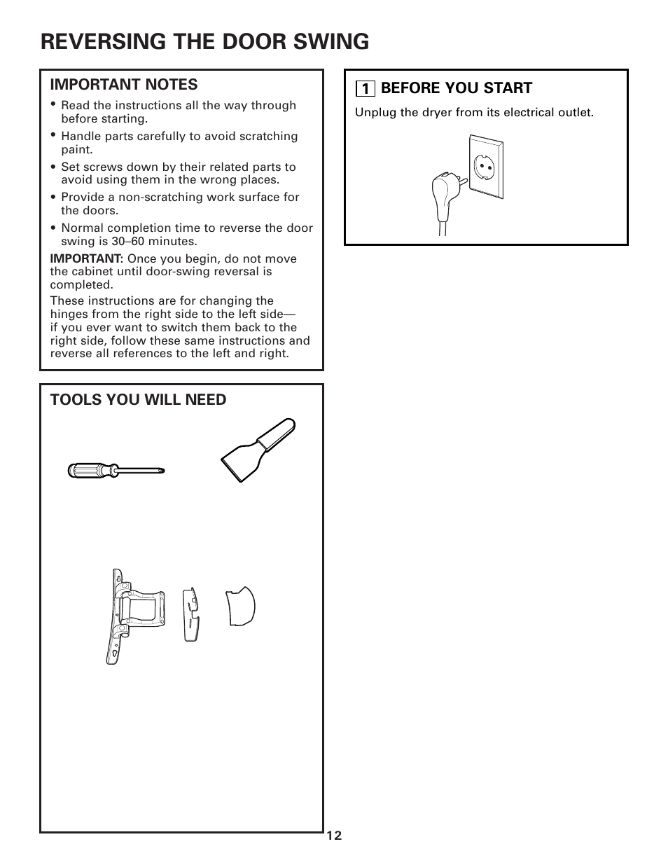 Reversing the door swing, Reversing the door swing –15 | GE DBVH512 User Manual | Page 12 / 24