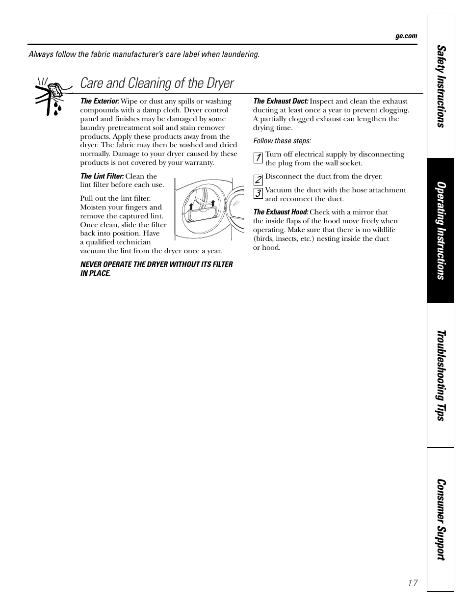 Care and cleaning of the dryer | GE DBVH512 User Manual | Page 17 / 24