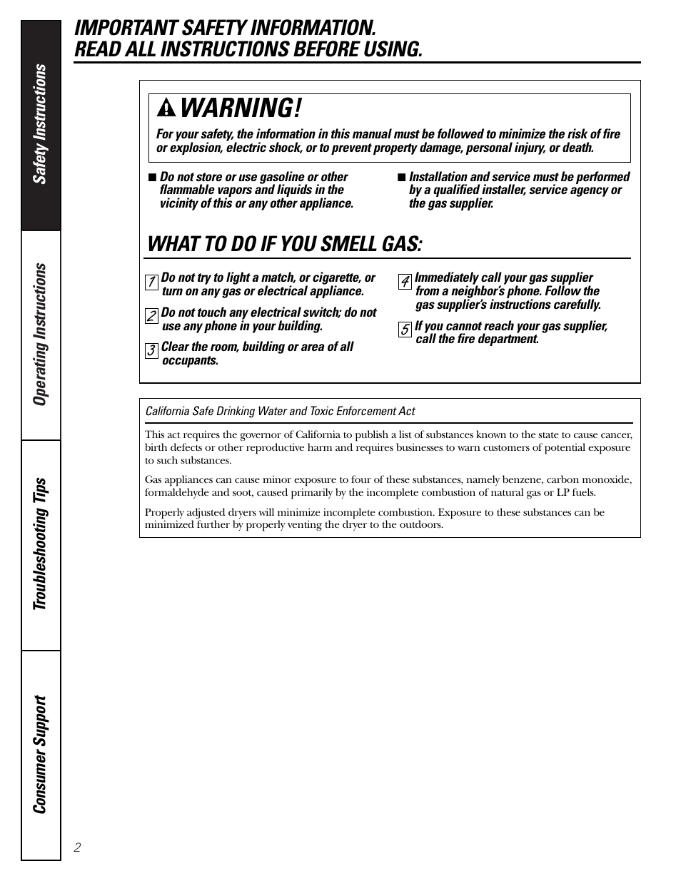 Safety instructions, Warning, What to do if you smell gas | GE DBVH512 User Manual | Page 2 / 24