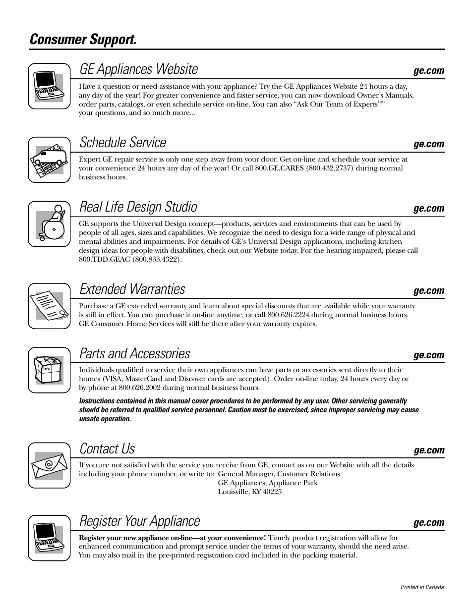 Consumer support, Consumer support . . . . . back cover, Consumer support. ge appliances website | Schedule service, Real life design studio, Extended warranties, Parts and accessories, Contact us, Register your appliance | GE DBVH512 User Manual | Page 24 / 24