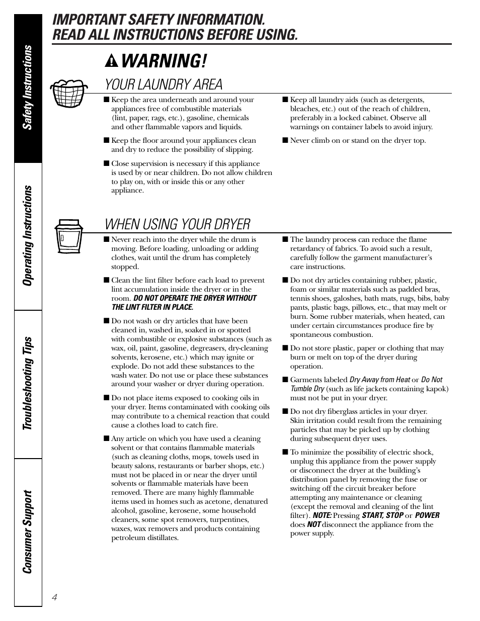 Warning, Your laundry area, When using your dryer | GE DBVH512 User Manual | Page 4 / 24