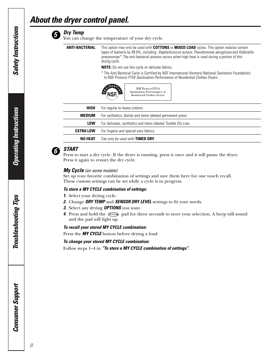 About the dryer control panel | GE DBVH512 User Manual | Page 8 / 24