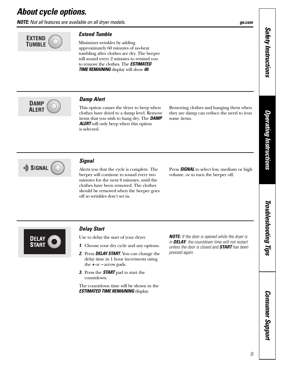 Cycle options, Cycle options , 10, About cycle options | GE DBVH512 User Manual | Page 9 / 24