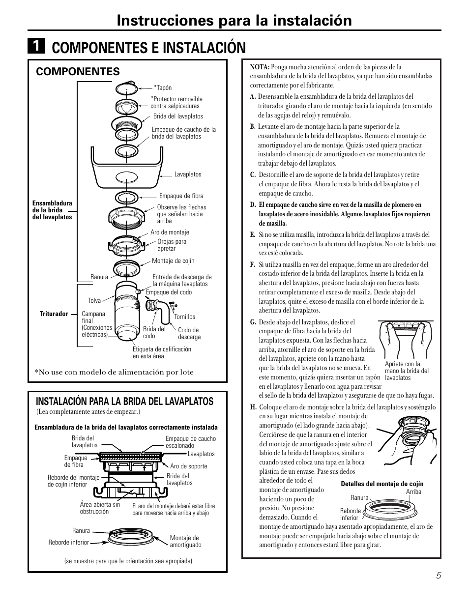 Componentes e instalación, Para la brida del lavaplatos | GE GFC300F User Manual | Page 17 / 24