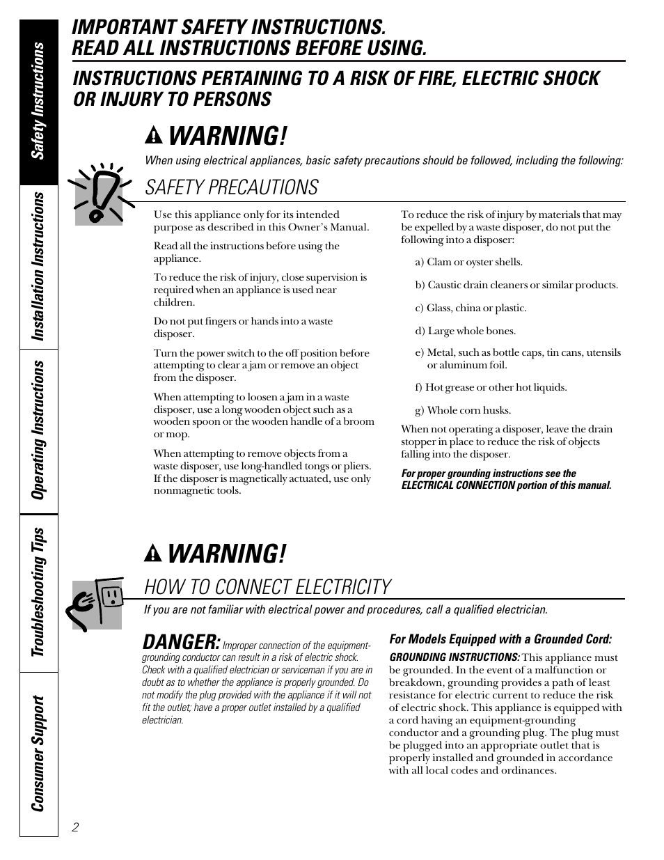Connecting electricity, Safety precautions, Connecting electricity , 3 | Warning, How to connect electricity, Danger | GE GFC300F User Manual | Page 2 / 24