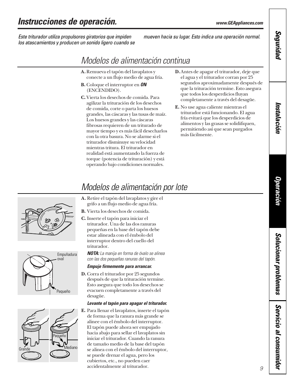 Modelos de alimentación continua, Modelos de alimentación por lote, Modelos de alimentación | Continua, Por lote, Instrucciones de operación | GE GFC300F User Manual | Page 21 / 24