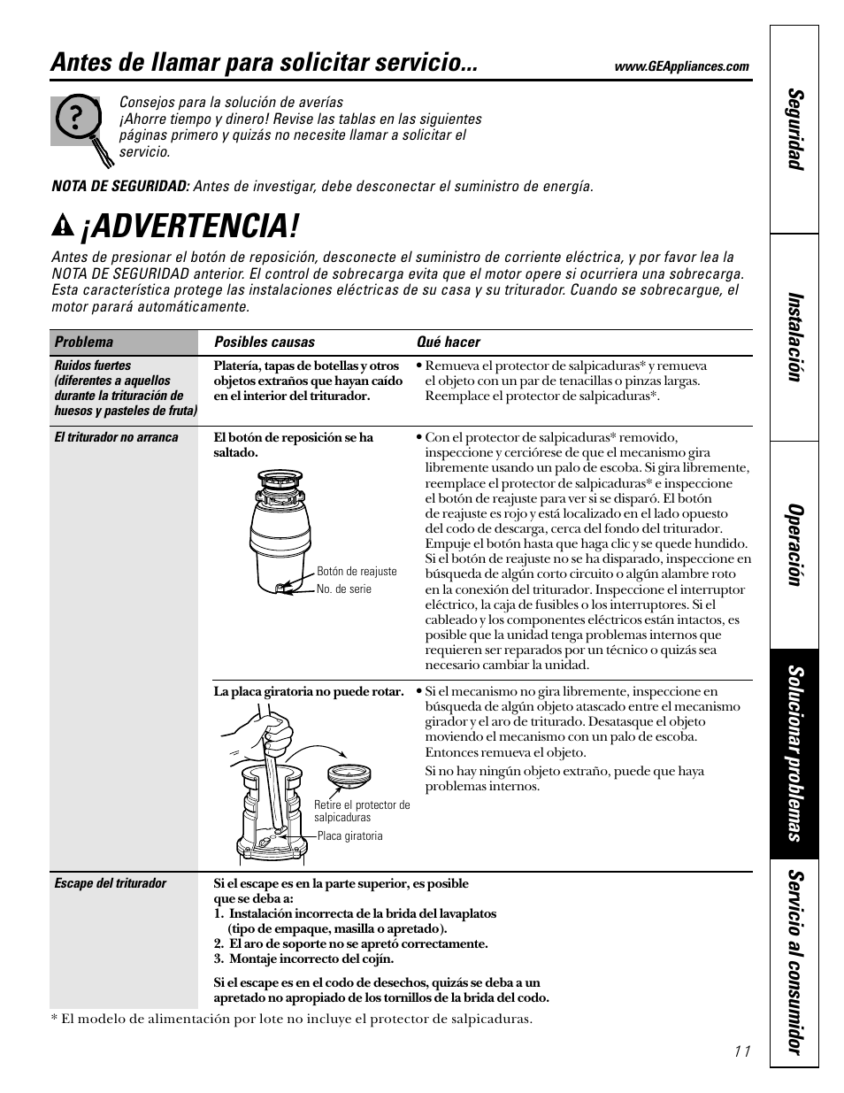 Antes de llamar para servicio, Antes de llamar para, Servicio | Advertencia, Antes de llamar para solicitar servicio | GE GFC300F User Manual | Page 23 / 24
