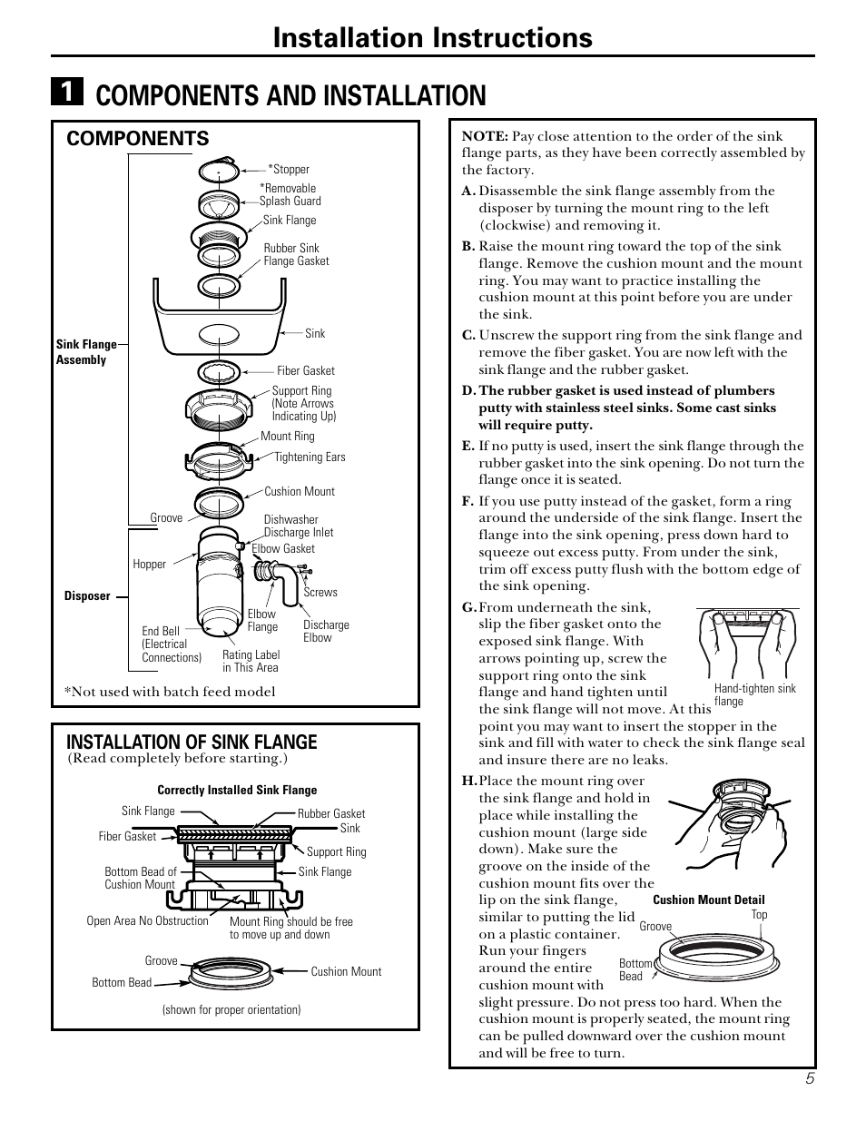 Components and installation of sink flange, Components and installation, Of sink flange | Components installation of sink flange | GE GFC300F User Manual | Page 5 / 24