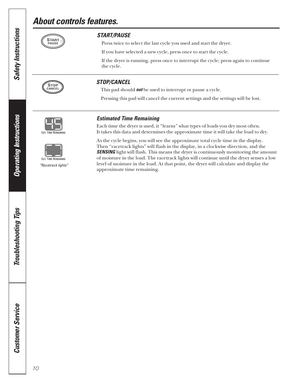 Controls features, About controls features, Start/pause | Stop/cancel, Estimated time remaining | GE 592 User Manual | Page 10 / 64