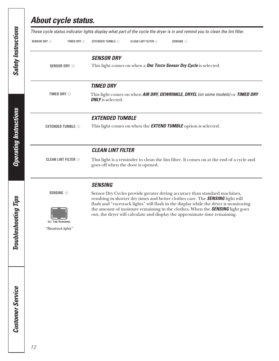 Cycle status, About cycle status, Timed dry | Sensor dry, Sensing, Extended tumble, Clean lint filter | GE 592 User Manual | Page 12 / 64