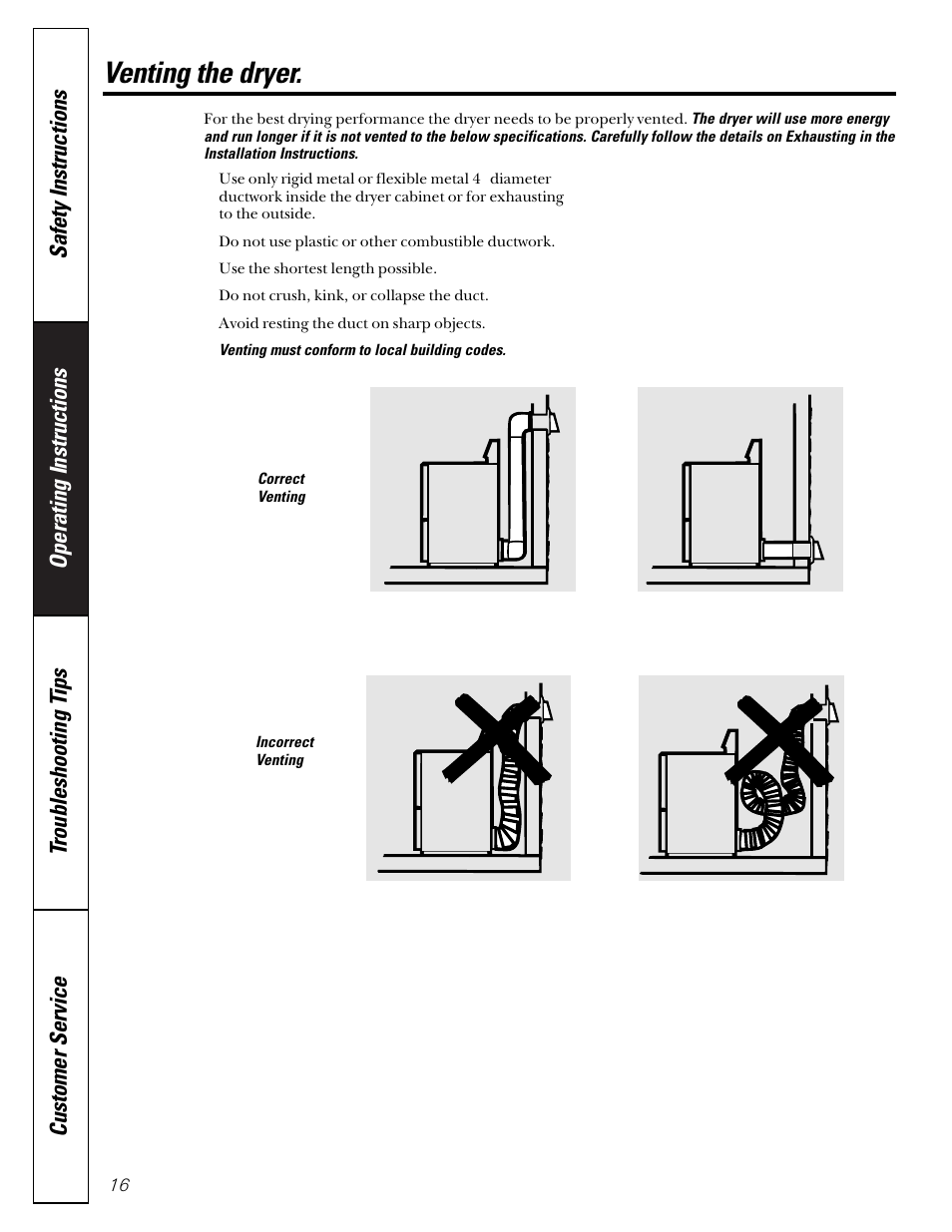 Venting the dryer | GE 592 User Manual | Page 16 / 64