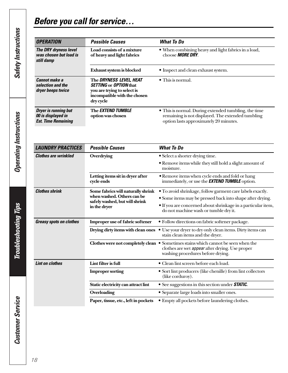 Before you call for service | GE 592 User Manual | Page 18 / 64