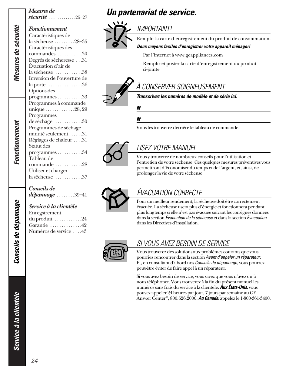 French table of contents, Fonctionnement, Service à la clientèle | Un partenariat de service, À conserver soigneusement, Lisez votre manuel si vous avez besoin de service, Important, Évacuation correcte | GE 592 User Manual | Page 24 / 64