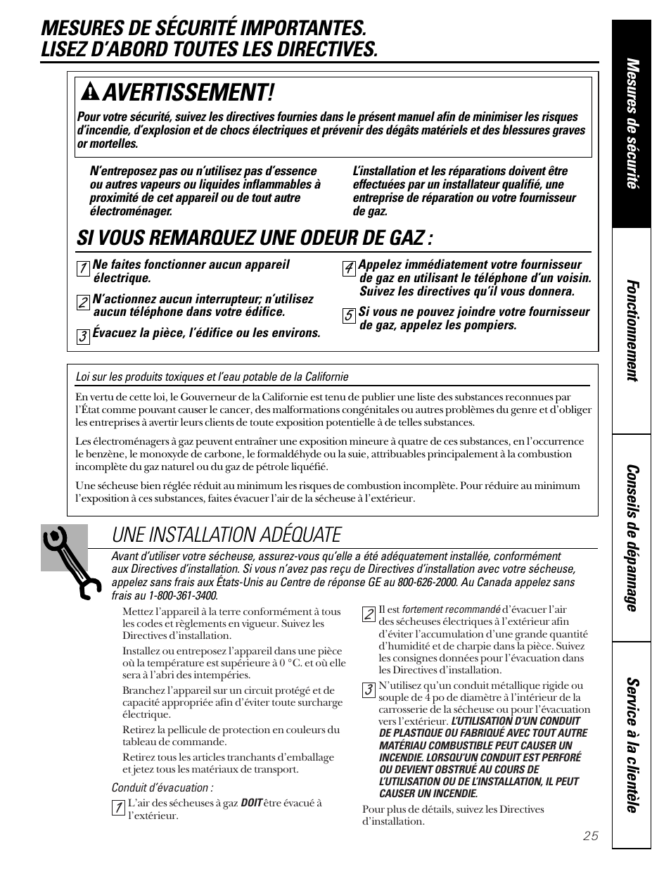 Mesures de sécurité, Mesures de, Sécurité | Avertissement, Une installation adéquate, Si vous remarquez une odeur de gaz | GE 592 User Manual | Page 25 / 64