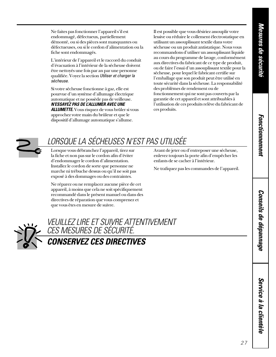 Lorsque la sécheuses n’est pas utilisée | GE 592 User Manual | Page 27 / 64