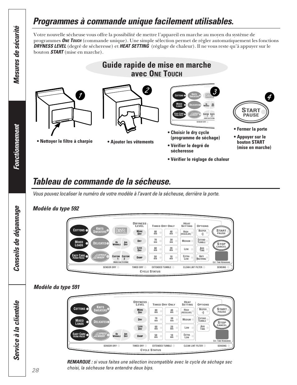 Caractéristiques de sécheuse, Programmes à commande unique, Tableau de commande | Caractéristiques de, La sécheuse –35, Programmes à commande, Unique , 29, Tableau de, Commande, Tableau de commande de la sécheuse | GE 592 User Manual | Page 28 / 64