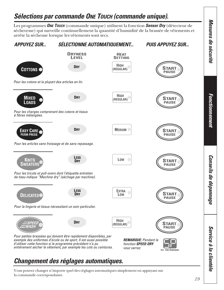 Sélections par commande o, Commande unique), Changement des réglages automatiques | Ouch | GE 592 User Manual | Page 29 / 64