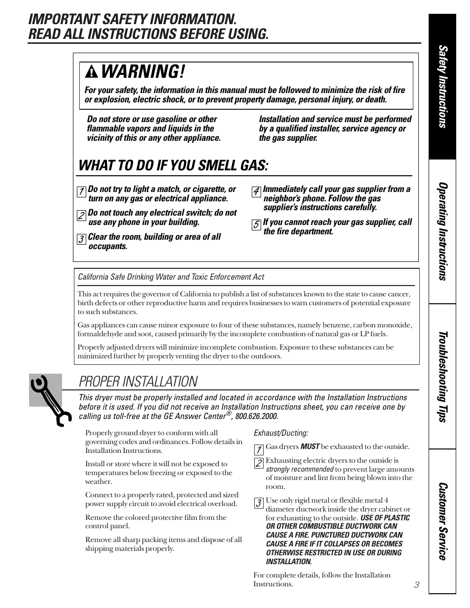 Safety information, Warning, Proper installation | What to do if you smell gas | GE 592 User Manual | Page 3 / 64