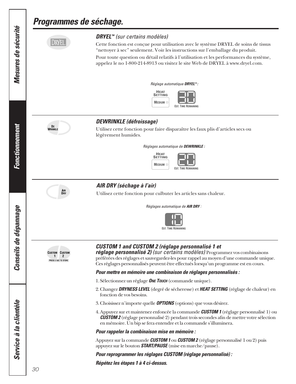Caractéristiques des commandes, Programmes de séchage, Caractéristiques des | Commandes, Programmes, De séchage, Dryel, Sur certains modèles), Dewrinkle (défroissage), Air dry (séchage à l’air) | GE 592 User Manual | Page 30 / 64