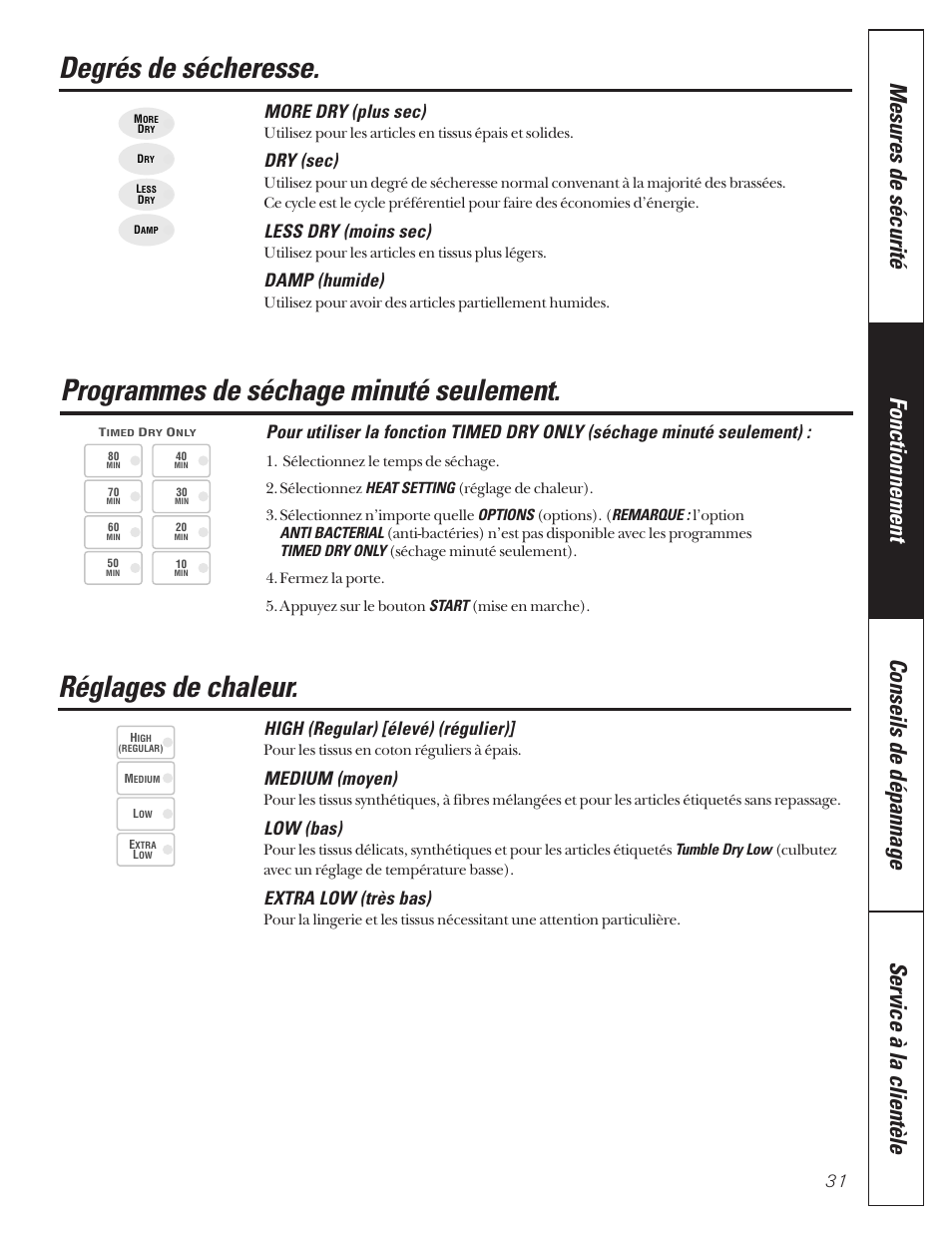 Degrés de sécheresse, Programmes de séchage minuté seulement, Réglages de chaleur | Programmes de séchage, Minuté seulement, More dry (plus sec), Dry (sec), Less dry (moins sec), Damp (humide), High (regular) [élevé) (régulier) | GE 592 User Manual | Page 31 / 64