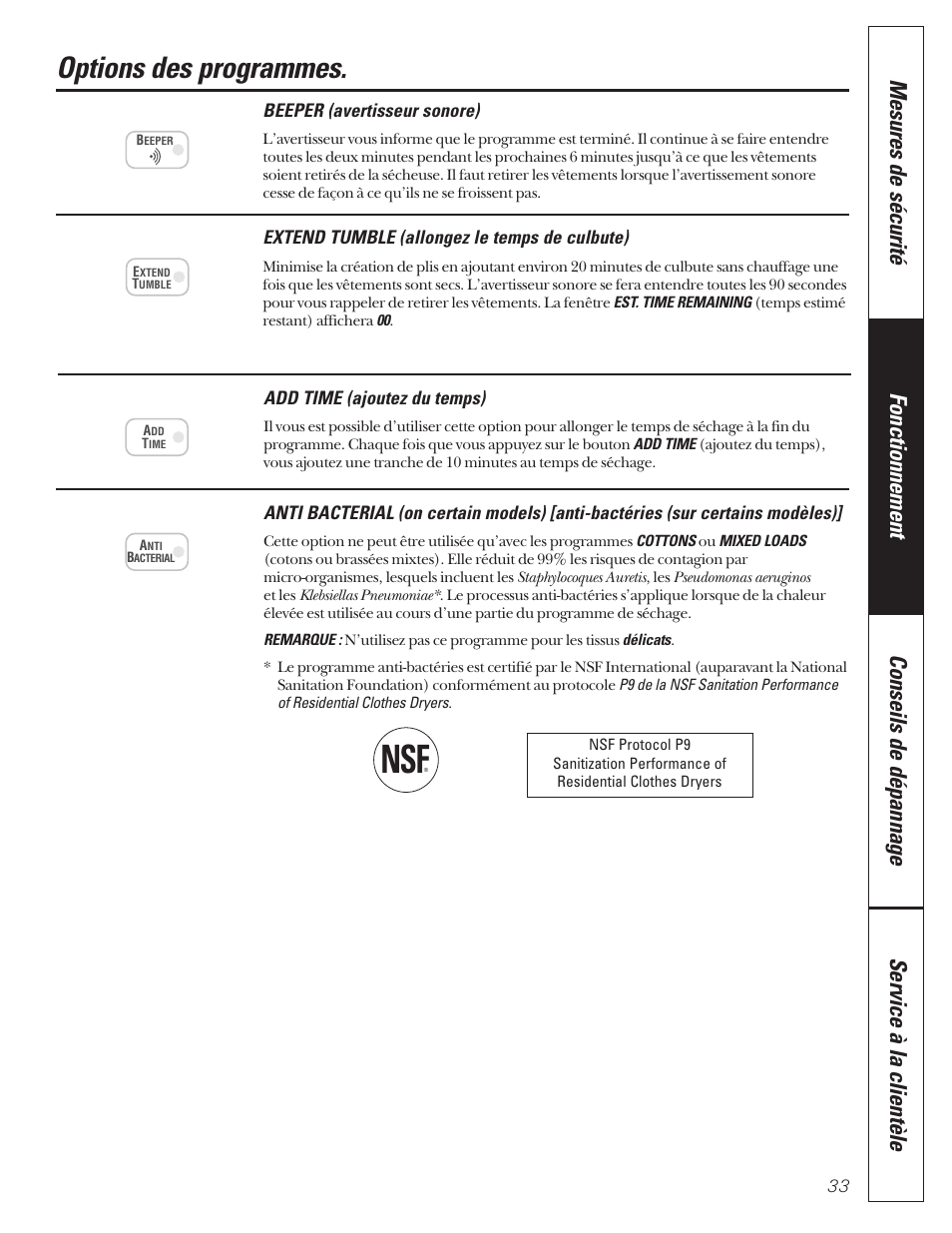 Options des programmes, Options des, Programmes | GE 592 User Manual | Page 33 / 64