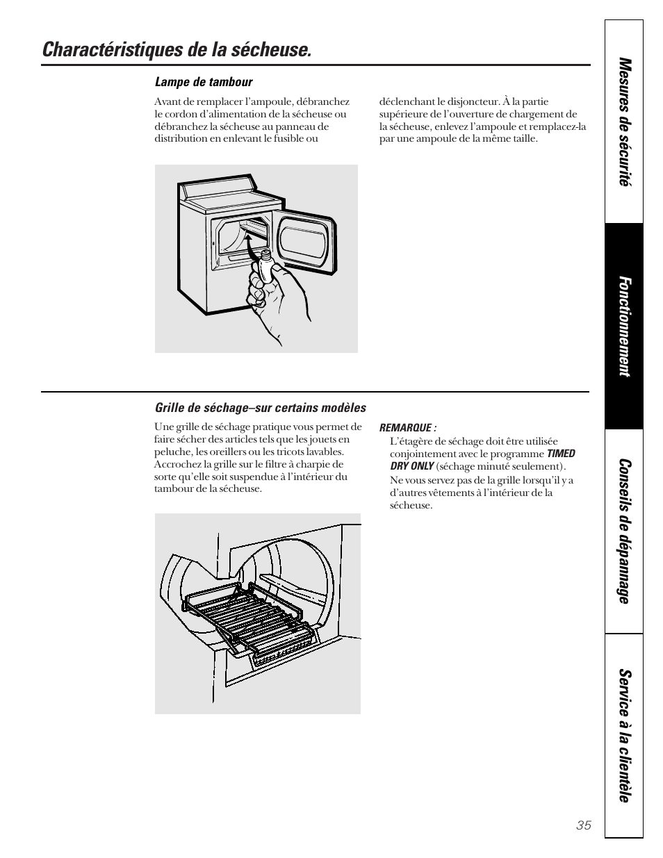 Charactéristiques de la sécheuse | GE 592 User Manual | Page 35 / 64