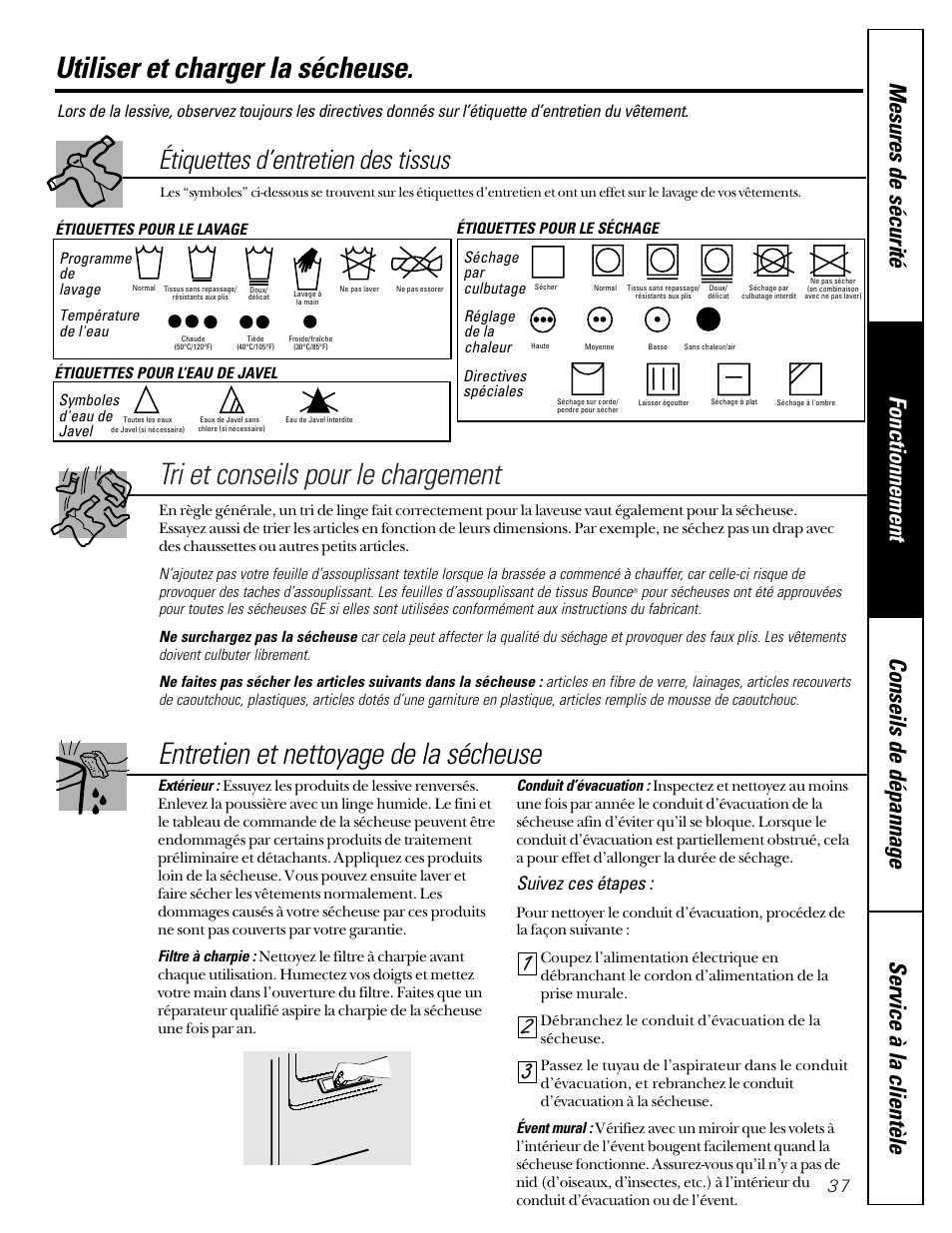 Utiliser et charger la sécheuse, Utiliser et charger, La sécheuse | Tri et conseils pour le chargement, Entretien et nettoyage de la sécheuse, Étiquettes d’entretien des tissus, Suivez ces étapes | GE 592 User Manual | Page 37 / 64