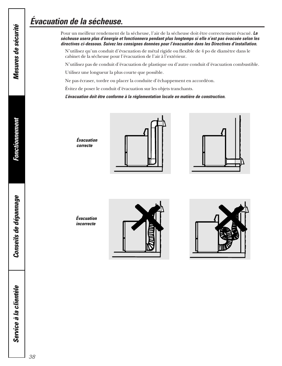 Évacuation d’air de la sécheuse, Évacuation d’air de, La sécheuse | Évacuation de la sécheuse | GE 592 User Manual | Page 38 / 64