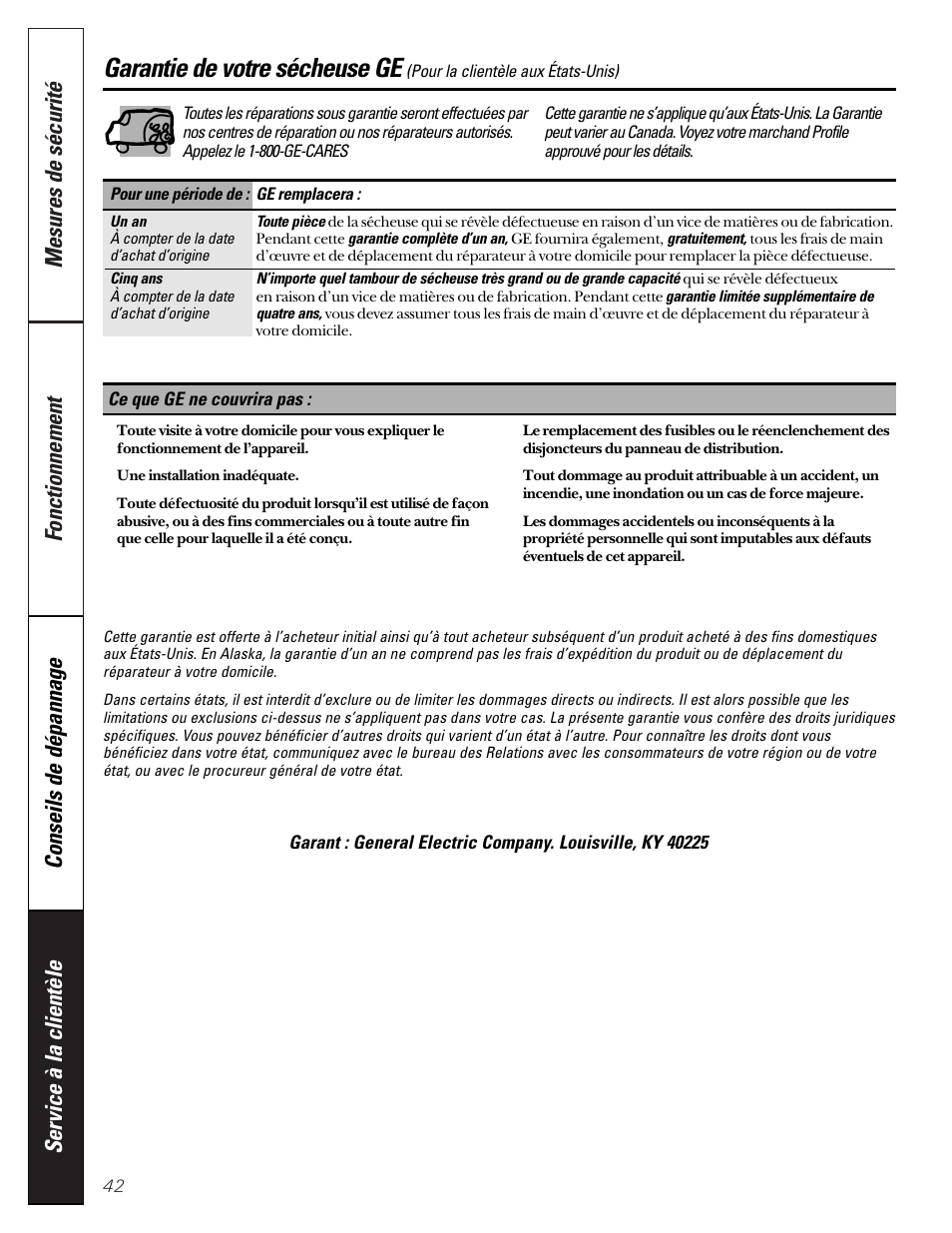 Garantie, Garantie de votre sécheuse ge | GE 592 User Manual | Page 42 / 64