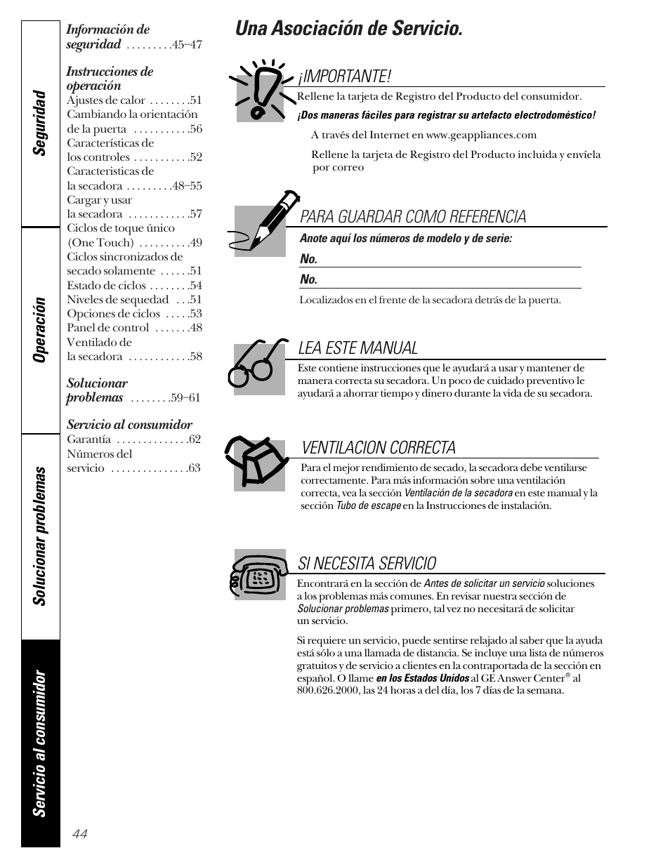 Spanish table of contents, Instrucciones de operación, Servicio al consumidor | Una asociación de servicio, Para guardar como referencia, Lea este manual si necesita servicio, Importante, Ventilacion correcta | GE 592 User Manual | Page 44 / 64