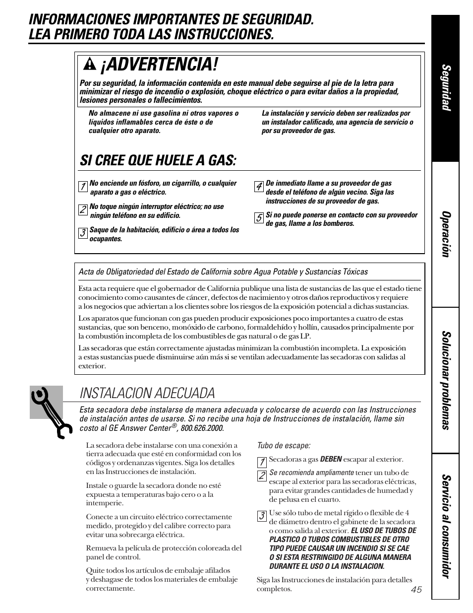 Información de seguridad, Información de, Seguridad | Advertencia, Instalacion adecuada, Si cree que huele a gas | GE 592 User Manual | Page 45 / 64