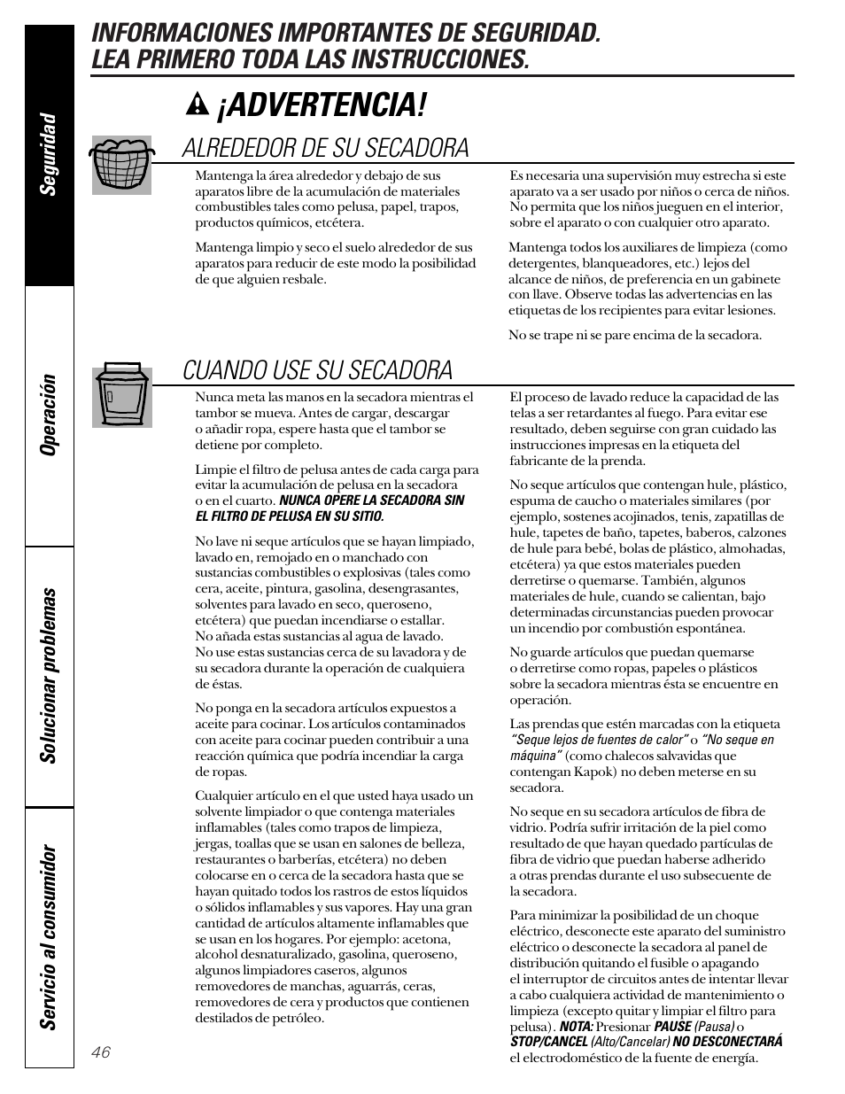Advertencia, Alrededor de su secadora, Cuando use su secadora | GE 592 User Manual | Page 46 / 64