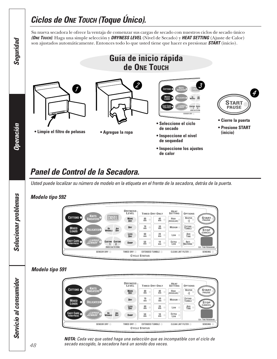 Caracteristicas de la secadora, Panel de control, Caracteristicas de | La secadora –55, Panel de control de la secadora, Ciclos de o, Toque único), Guía de inicio rápida de o, Ouch, Modelo tipo 592 | GE 592 User Manual | Page 48 / 64