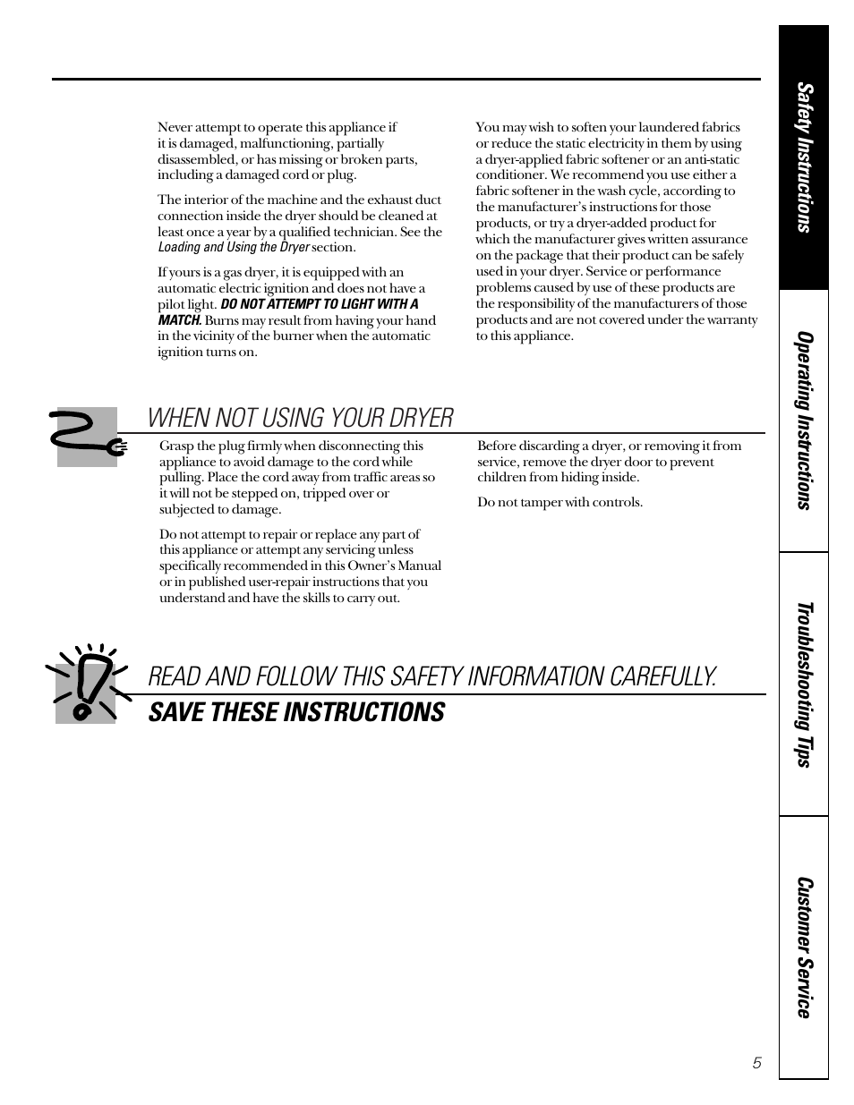 When not using your dryer | GE 592 User Manual | Page 5 / 64