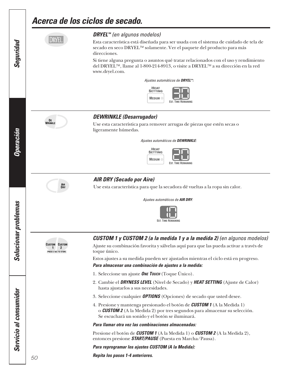 Acerca de los ciclos de secado, Dryel, En algunos modelos) | Dewrinkle (desarrugador), Air dry (secado por aire) | GE 592 User Manual | Page 50 / 64