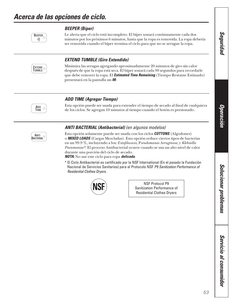 Opciones de ciclos, Acerca de las opciones de ciclo | GE 592 User Manual | Page 53 / 64