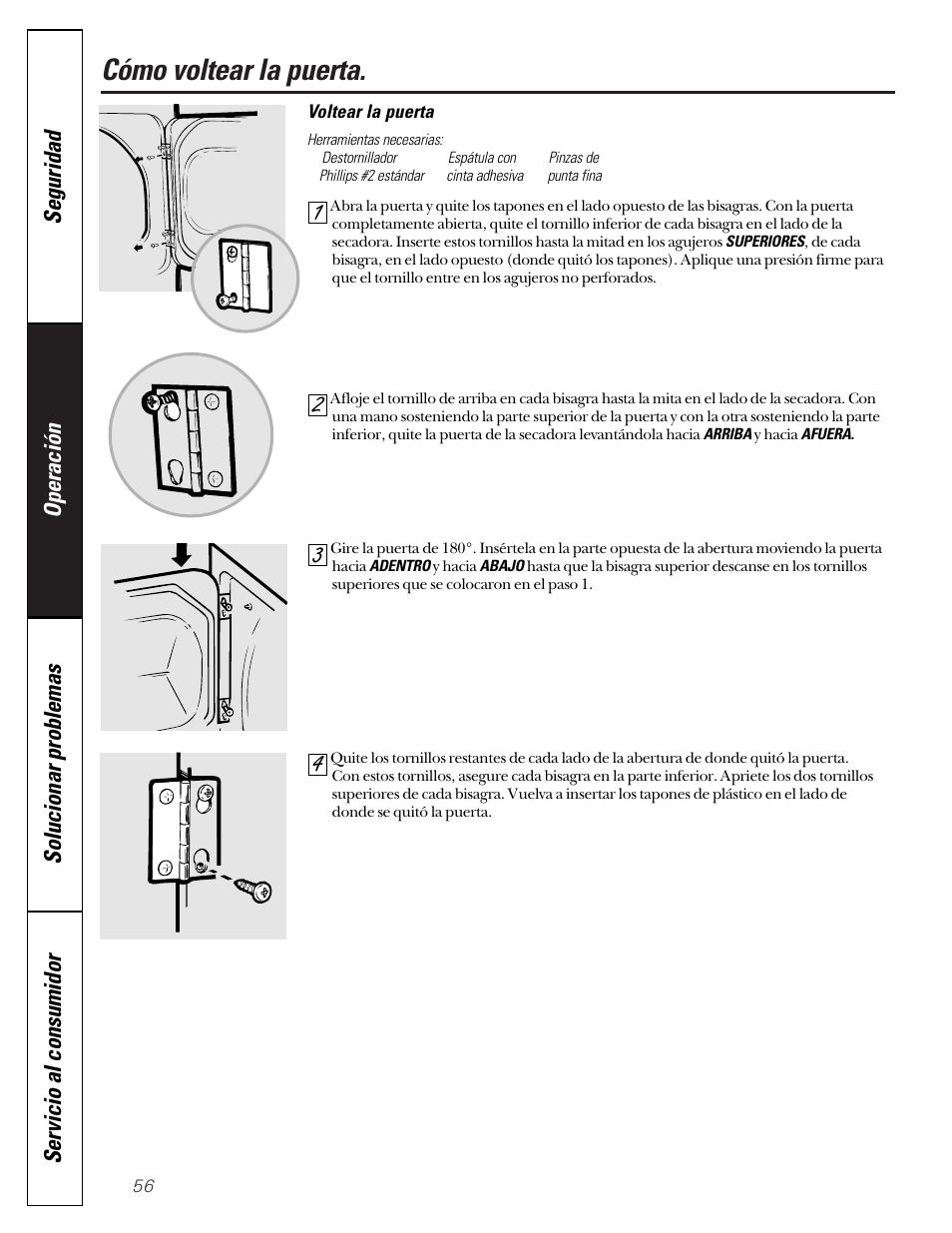 Cambiando la orientación de la puerta, Cambiando la orientación, De la puerta | Cómo voltear la puerta | GE 592 User Manual | Page 56 / 64