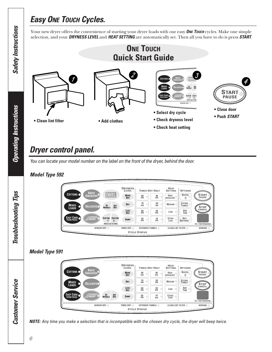 Control panel, One touch cycles, One touch cycles , 7 | Dryer control panel, Easy o, Cycles, Quick start guide, Ouch, Model type 592, Model type 591 | GE 592 User Manual | Page 6 / 64