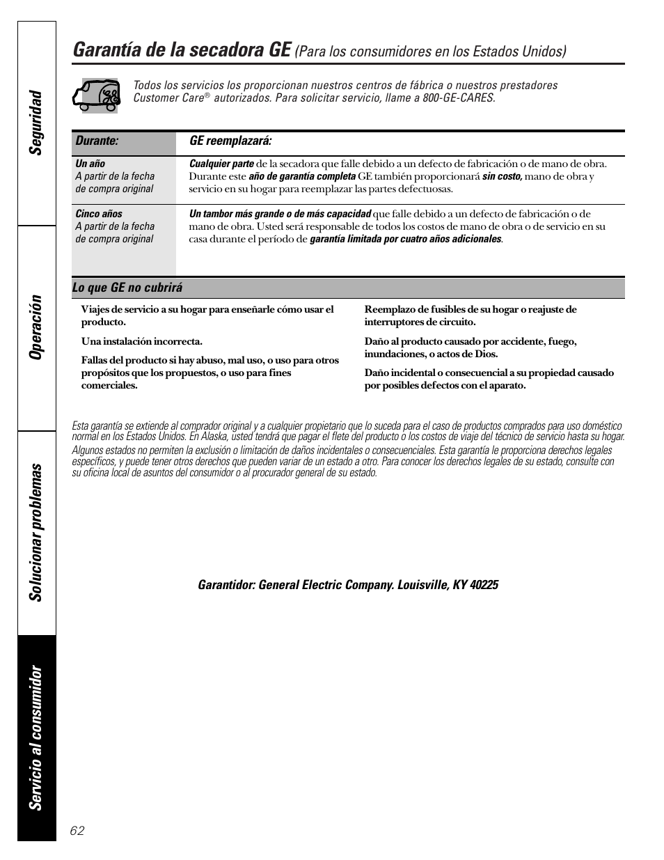 Garantía, Garantía de la secadora ge, Para los consumidores en los estados unidos) | GE 592 User Manual | Page 62 / 64