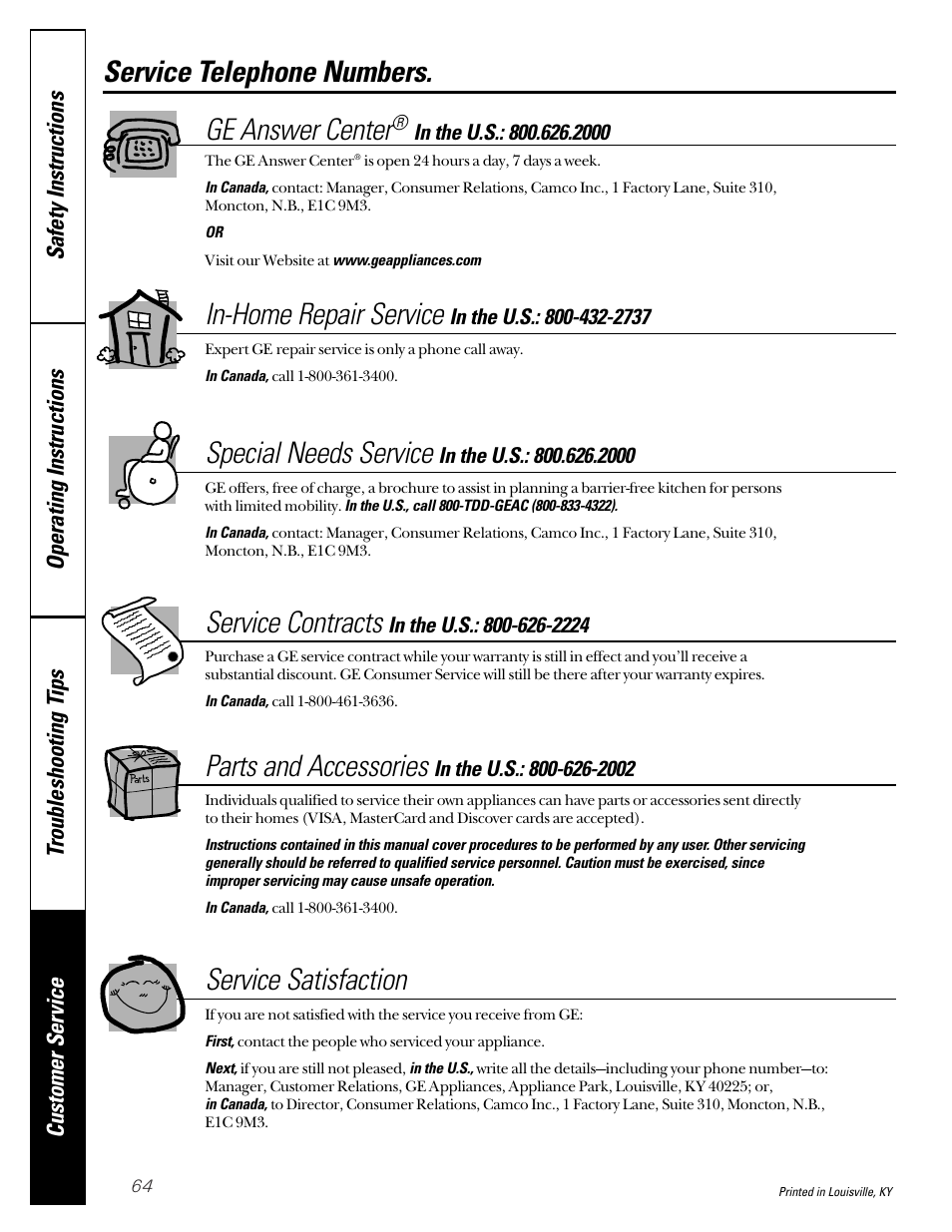 Service telephone numbers. ge answer center, In-home repair service, Special needs service | Service contracts, Parts and accessories, Service satisfaction | GE 592 User Manual | Page 64 / 64