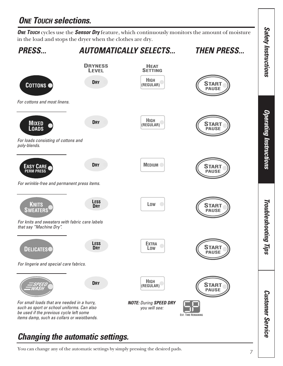 Selections, Changing the automatic settings, Press... automatically selects... then press | Ouch | GE 592 User Manual | Page 7 / 64