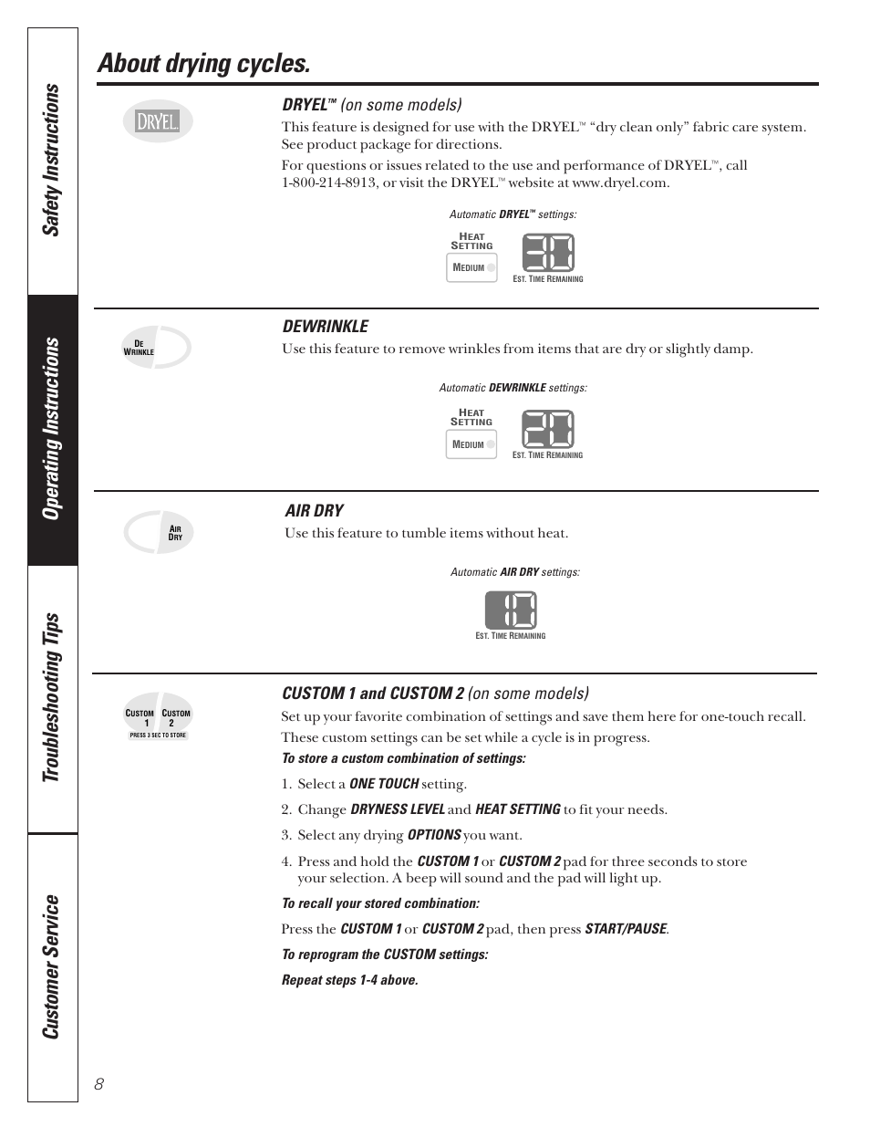 Dryer features, Drying cycles, Dryer features –13 | About drying cycles, Dryel, On some models), Dewrinkle, Air dry, Custom 1 and custom 2 (on some models) | GE 592 User Manual | Page 8 / 64