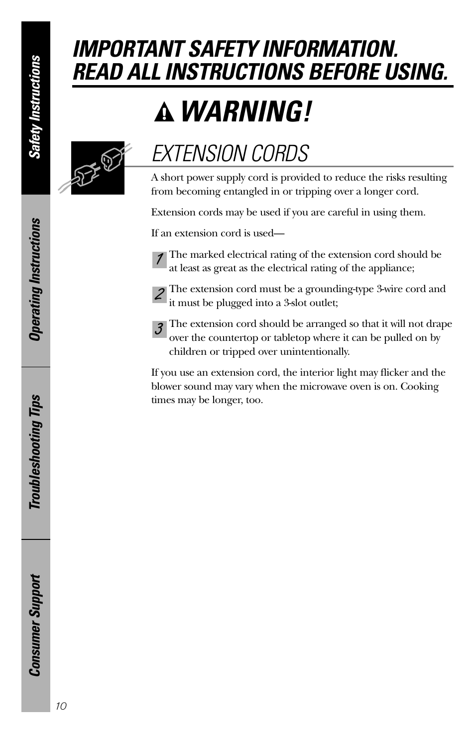 Warning, 32 1 extension cords | GE 164D3370P211 User Manual | Page 10 / 36