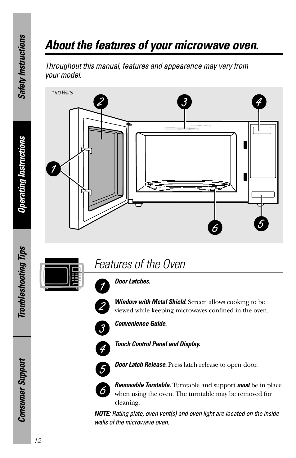 Features of your microwave oven, Features of your microwave oven , 13, About the features of your microwave oven | Features of the oven | GE 164D3370P211 User Manual | Page 12 / 36
